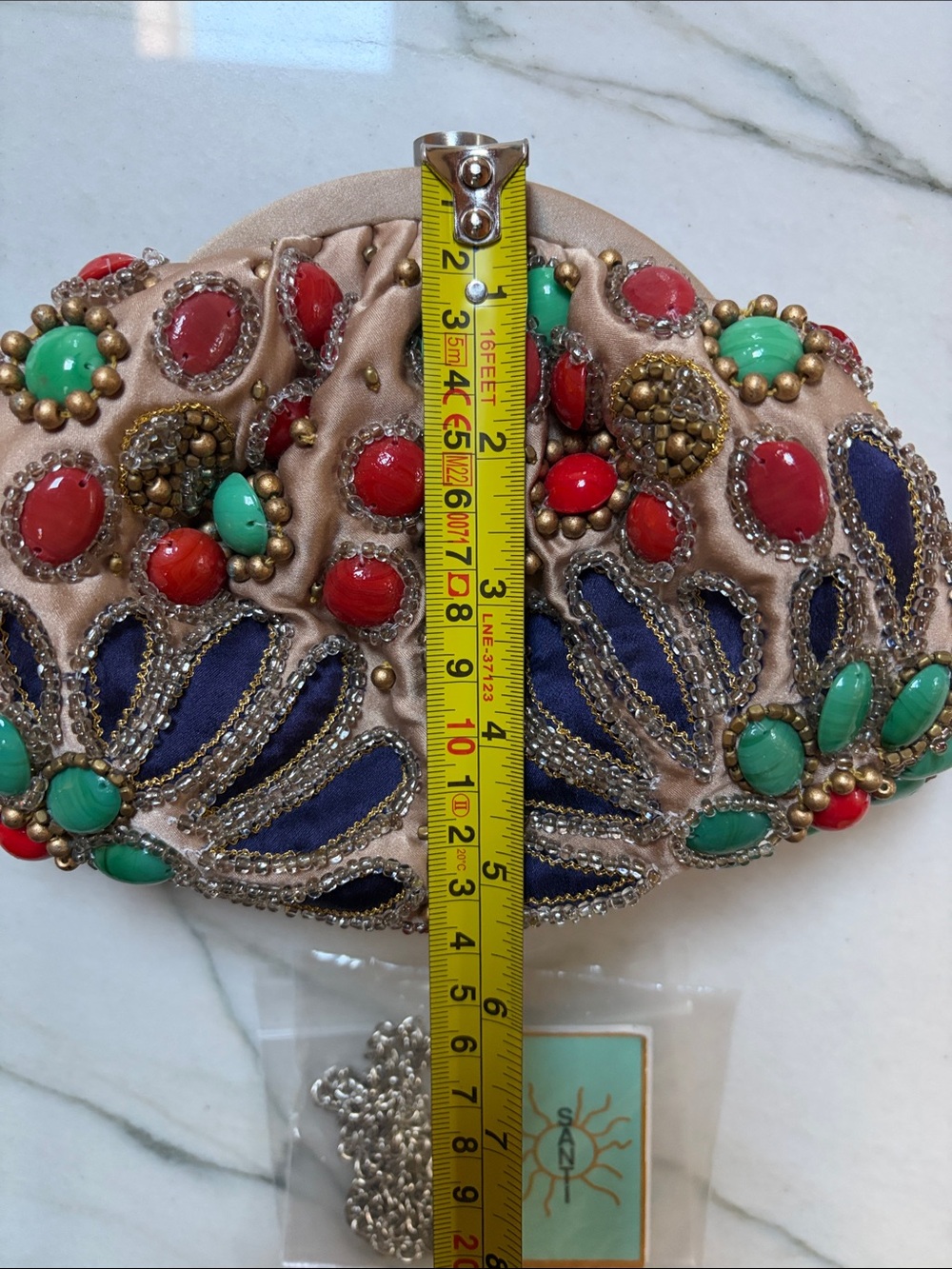 Santo beaded Embellished Floral Clutch, Beige, Turquoise & Red & Navy w chain - Picture 11 of 11